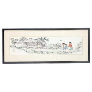 Traditional Chinese Landscape Watercolor With Children